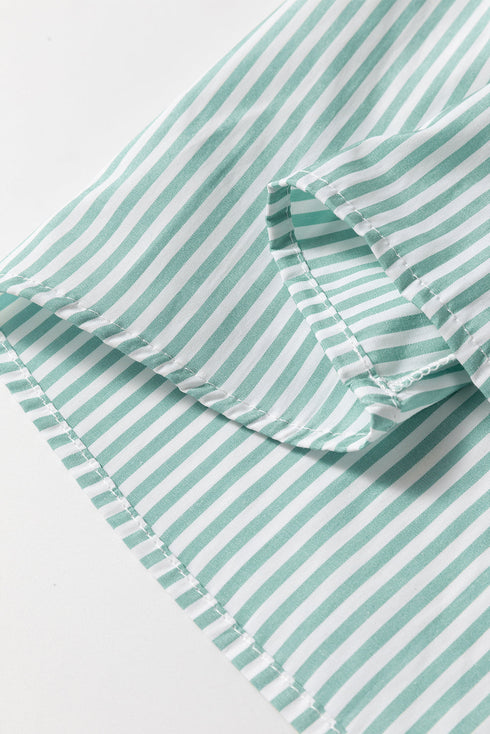 Striped V Neck Roll Tab Sleeve Pocket Shirt