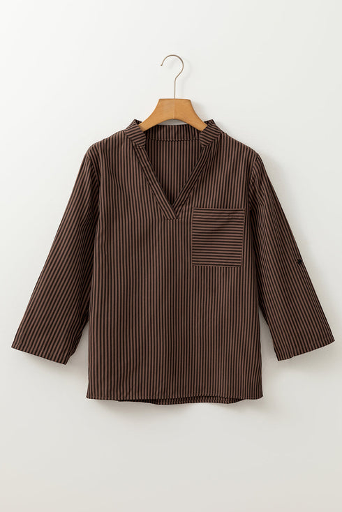 Striped V Neck Roll Tab Sleeve Pocket Shirt