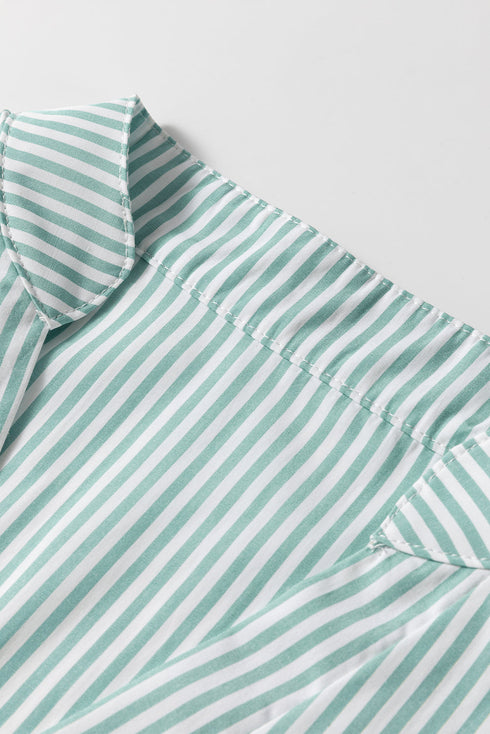 Striped V Neck Roll Tab Sleeve Pocket Shirt