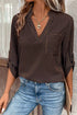 Striped V Neck Roll Tab Sleeve Pocket Shirt
