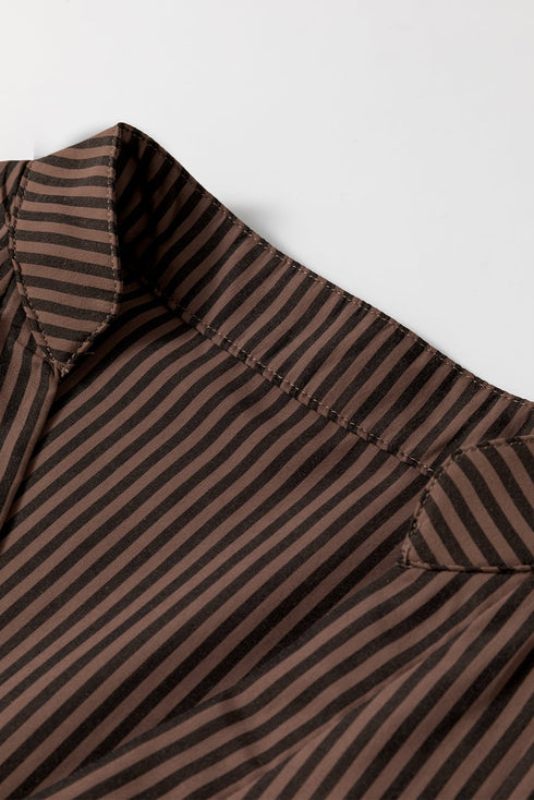 Striped V Neck Roll Tab Sleeve Pocket Shirt