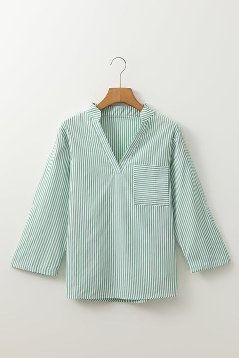 Striped V Neck Roll Tab Sleeve Pocket Shirt