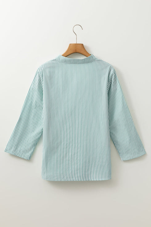 Striped V Neck Roll Tab Sleeve Pocket Shirt