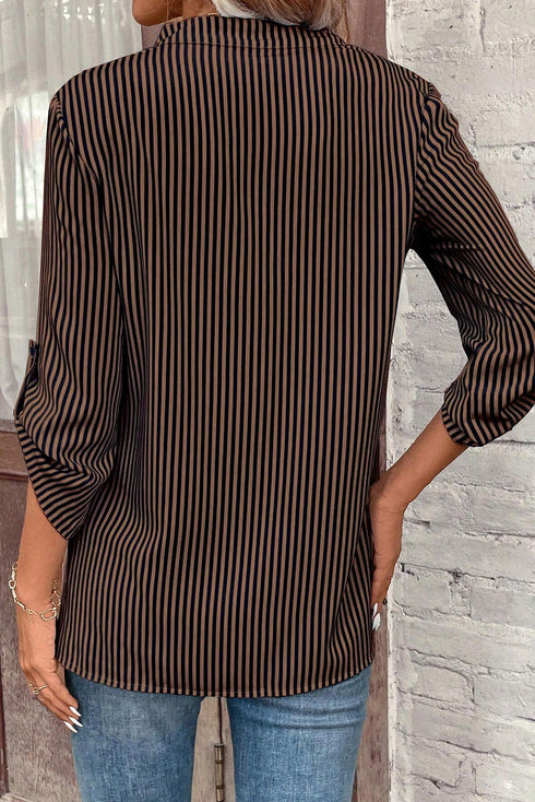 Striped V Neck Roll Tab Sleeve Pocket Shirt