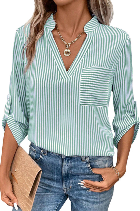 Striped V Neck Roll Tab Sleeve Pocket Shirt