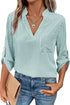 Striped V Neck Roll Tab Sleeve Pocket Shirt