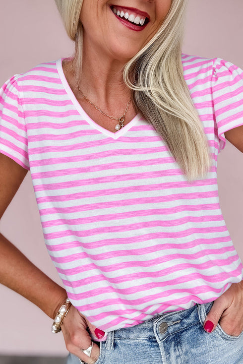 Striped V Neck Ruffle Sleeve Soft Knit Top