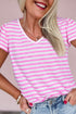 Striped V Neck Ruffle Sleeve Soft Knit Top