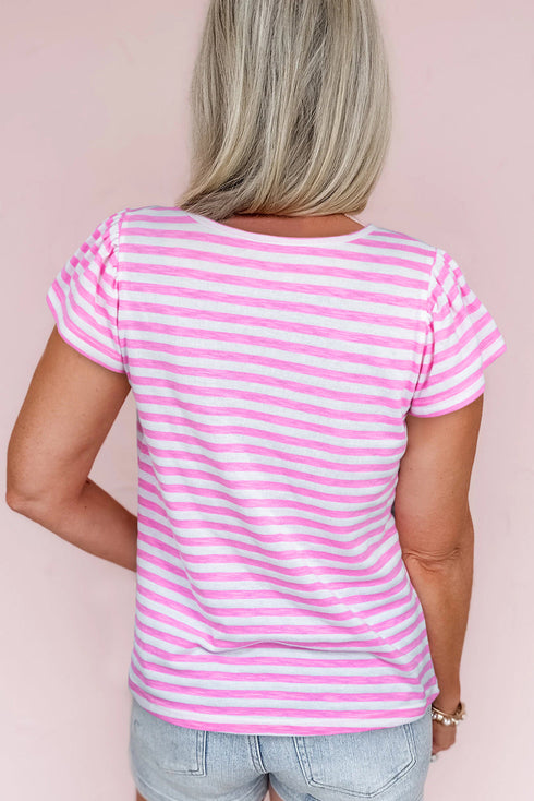 Striped V Neck Ruffle Sleeve Soft Knit Top