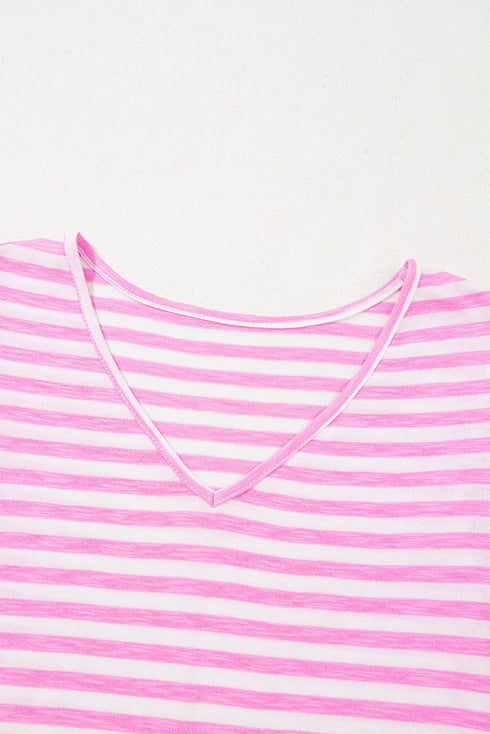 Striped V Neck Ruffle Sleeve Soft Knit Top
