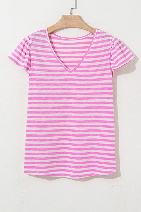 Striped V Neck Ruffle Sleeve Soft Knit Top