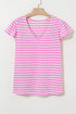 Striped V Neck Ruffle Sleeve Soft Knit Top