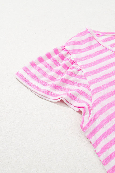 Striped V Neck Ruffle Sleeve Soft Knit Top