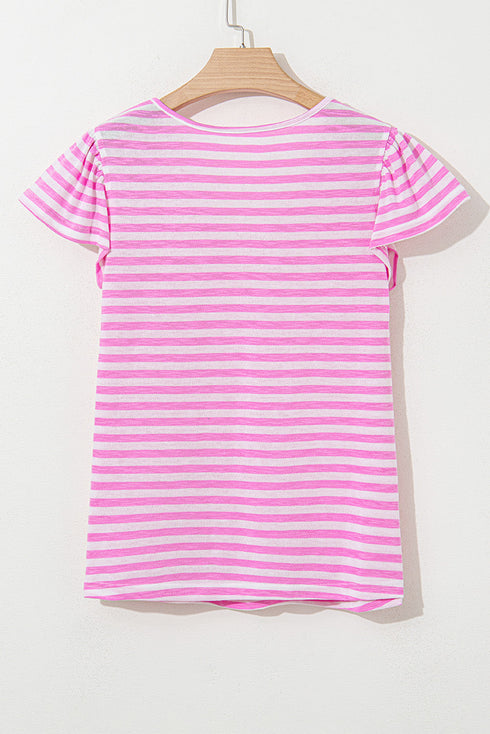 Striped V Neck Ruffle Sleeve Soft Knit Top