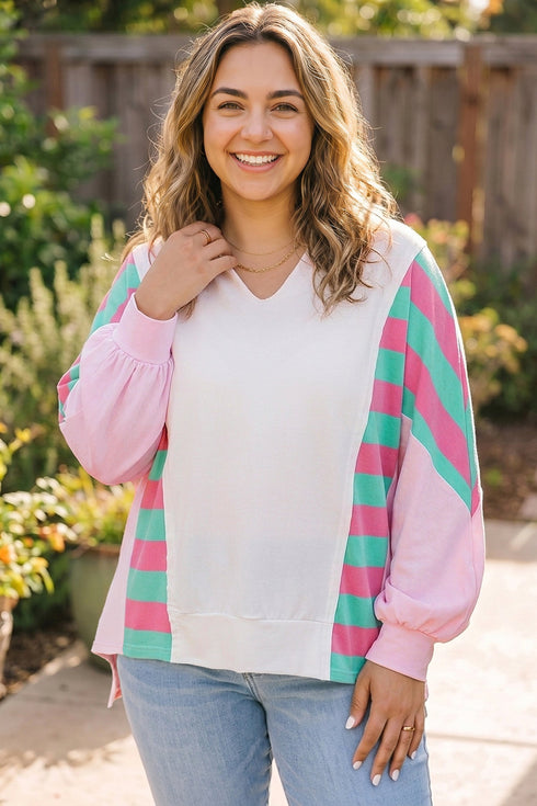 Striped V Neck Shift Long Sleeve Top