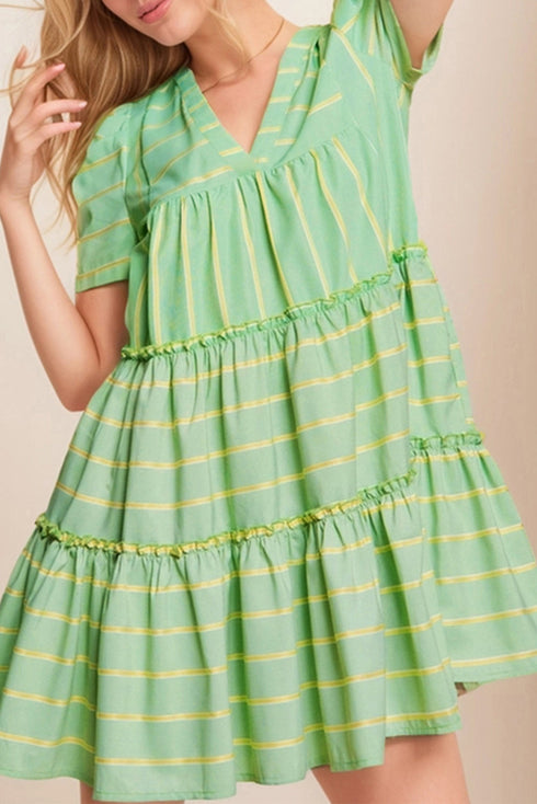 Striped V Neck Short Sleeve Frilled A Line Mini Dress