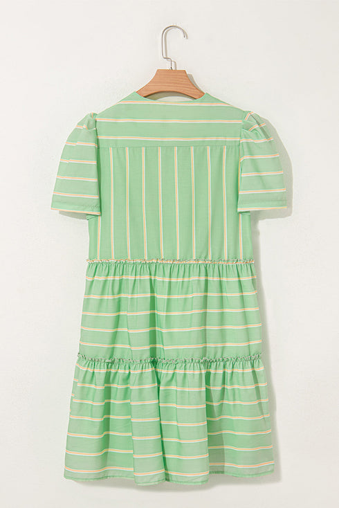 Striped V Neck Short Sleeve Frilled A Line Mini Dress