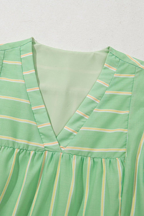Striped V Neck Short Sleeve Frilled A Line Mini Dress