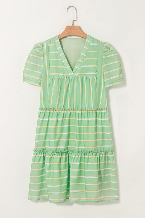 Striped V Neck Short Sleeve Frilled A Line Mini Dress