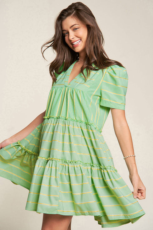 Striped V Neck Short Sleeve Frilled A Line Mini Dress