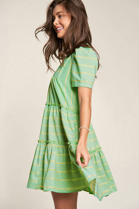 Striped V Neck Short Sleeve Frilled A Line Mini Dress