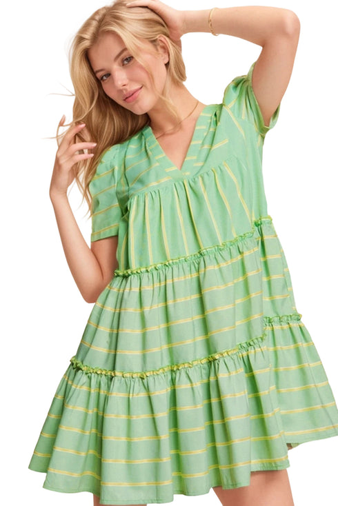Striped V Neck Short Sleeve Frilled A Line Mini Dress
