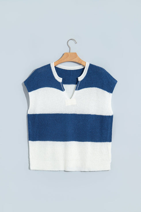 Striped V Neck Short Sleeve Loose Knit Sweater