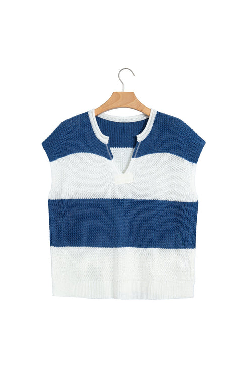 Striped V Neck Short Sleeve Loose Knit Sweater