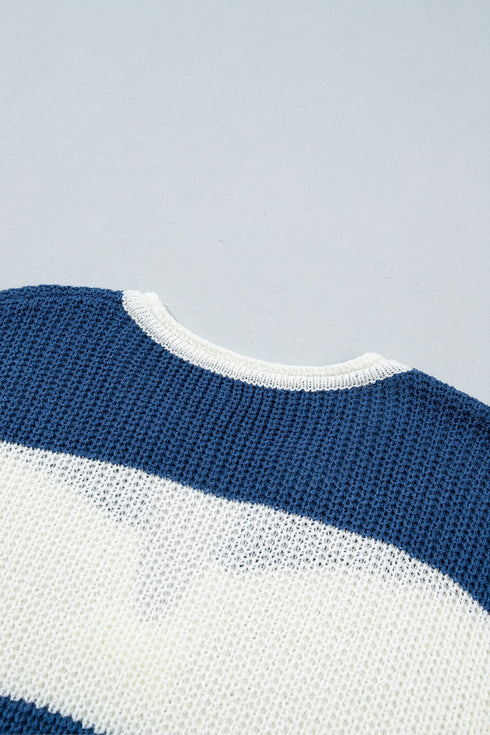 Striped V Neck Short Sleeve Loose Knit Sweater