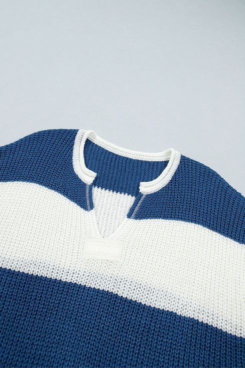 Striped V Neck Short Sleeve Loose Knit Sweater