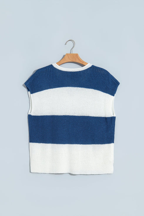 Striped V Neck Short Sleeve Loose Knit Sweater