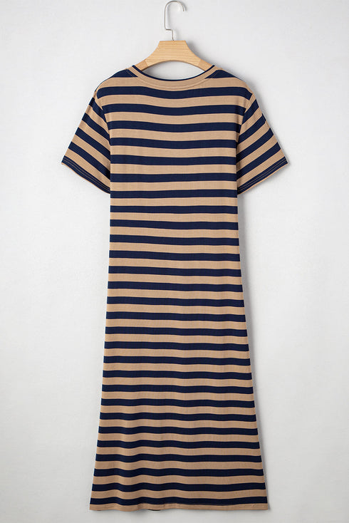 Striped V Neck Side Slit Casual Maxi Dress