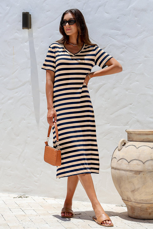 Striped V Neck Side Slit Casual Maxi Dress