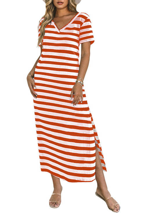 Striped V Neck Side Slit Casual Maxi Dress