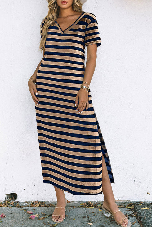 Striped V Neck Side Slit Casual Maxi Dress