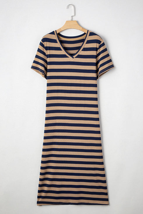 Striped V Neck Side Slit Casual Maxi Dress