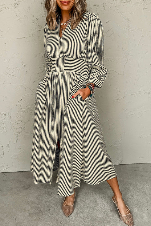 Striped V Neck Zip Front Cinched Waist Midi Dress