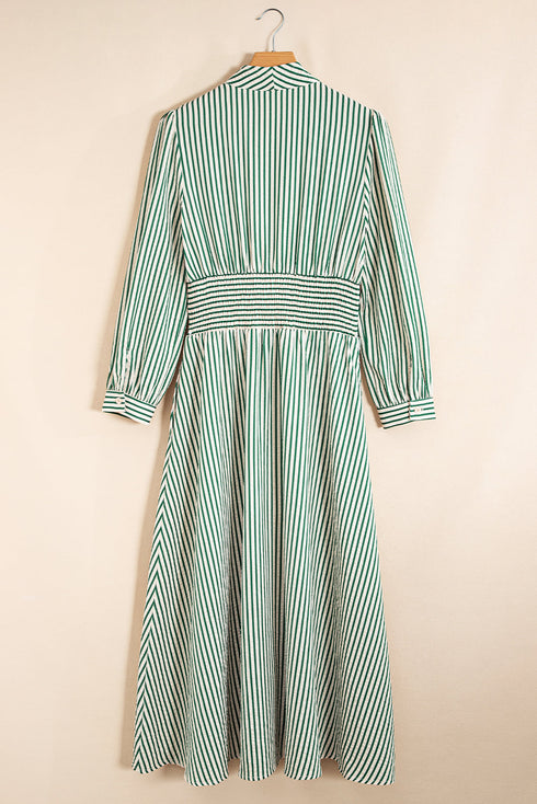 Striped V Neck Zip Front Cinched Waist Midi Dress