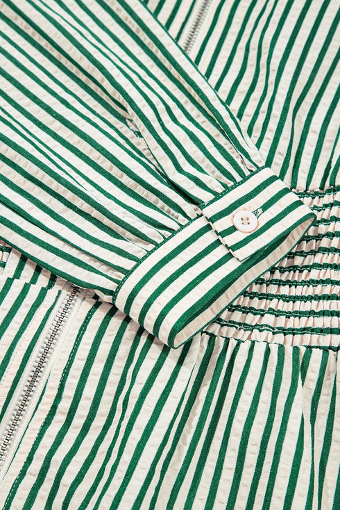 Striped V Neck Zip Front Cinched Waist Midi Dress