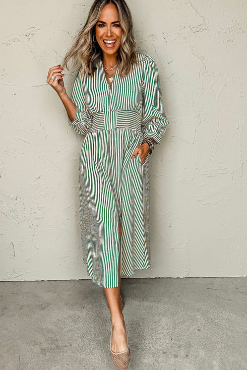 Striped V Neck Zip Front Cinched Waist Midi Dress