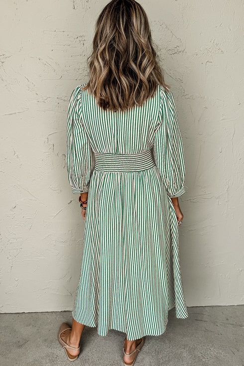 Striped V Neck Zip Front Cinched Waist Midi Dress