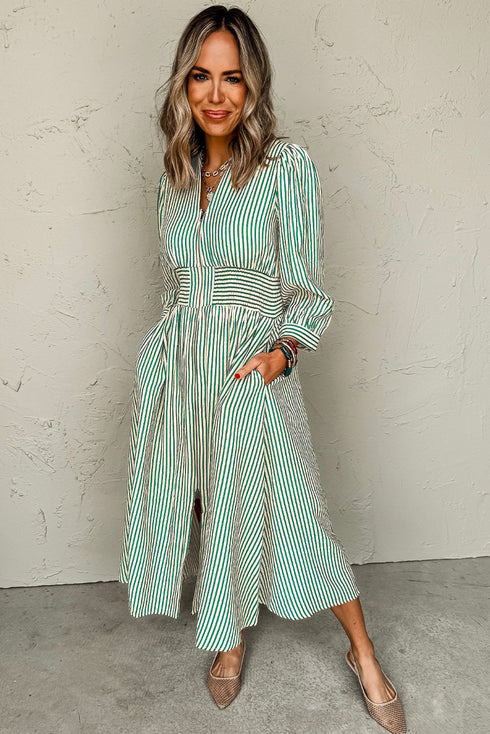 Striped V Neck Zip Front Cinched Waist Midi Dress
