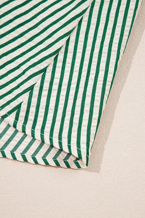 Striped V Neck Zip Front Cinched Waist Midi Dress