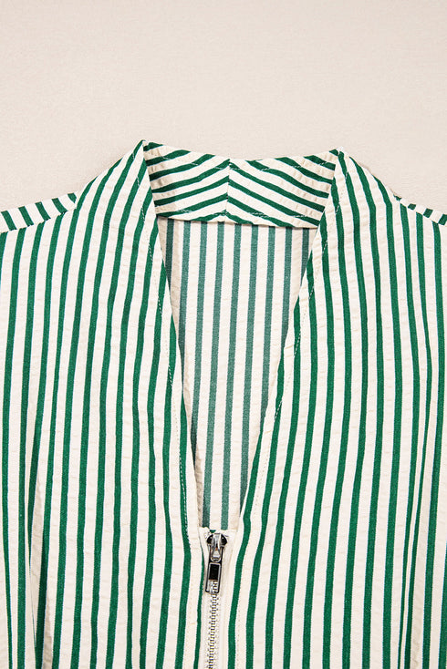 Striped V Neck Zip Front Cinched Waist Midi Dress