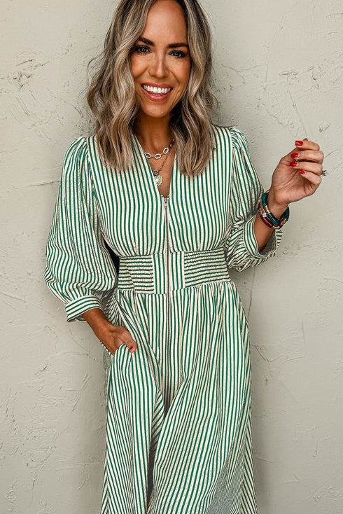 Striped V Neck Zip Front Cinched Waist Midi Dress