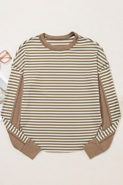 Striped Waffle Knit Contrast Sleeve Pullover Top