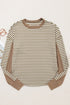 Striped Waffle Knit Contrast Sleeve Pullover Top