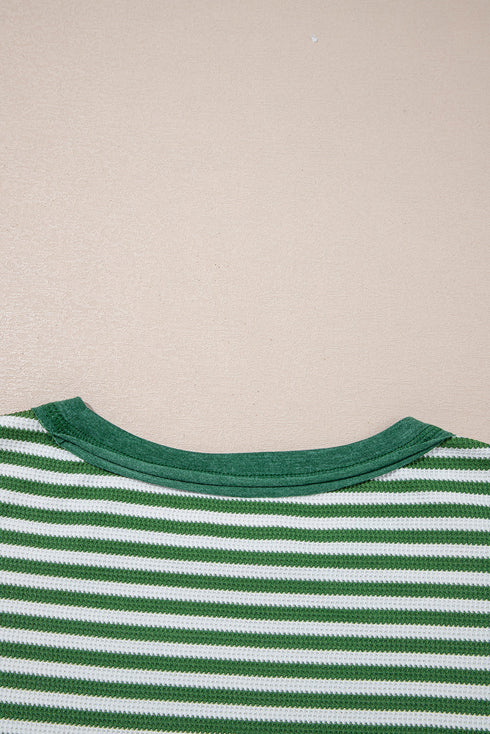 Striped Waffle Knit Contrast Sleeve Pullover Top