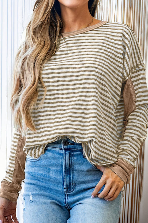 Striped Waffle Knit Contrast Sleeve Pullover Top