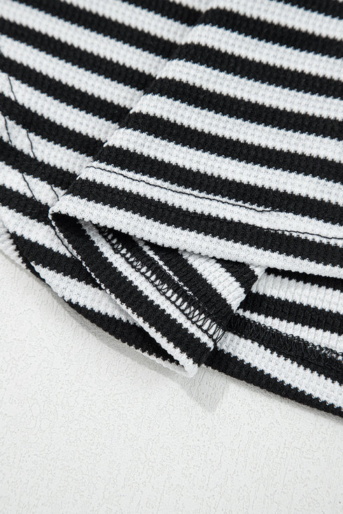 Striped Waffle Knit Contrast Sleeve Pullover Top